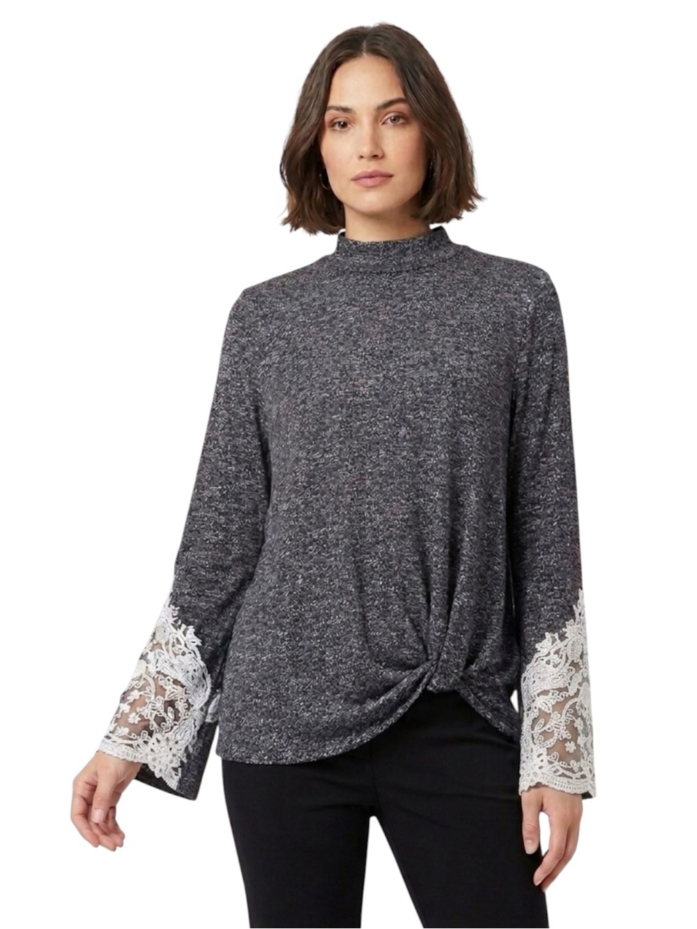 Maurices Gray Knot Twist Front Mock Neck White Lace Wide Sleeve Sweater Large